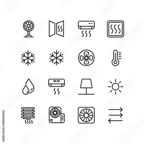Assortment of climate control icons with fans, air conditioners, snowflakes, thermometers, and sun.