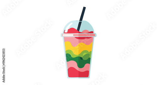 A colorful layered beverage, in a clear cup with a dome lid and black straw, is depicted on a white background. The layers are various colors
