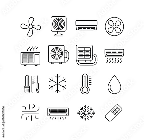 Diverse set of climate control icons including fans, air conditioners, snowflakes, thermometers, and remote.