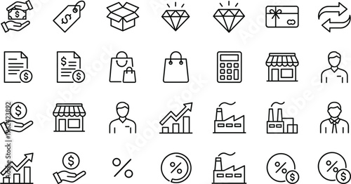 Business and Finance Line Icon Set Featuring Money, Shopping, Growth, Pricing, Investment, Retail, and Economic Symbols for Web, Apps, and Digital Design