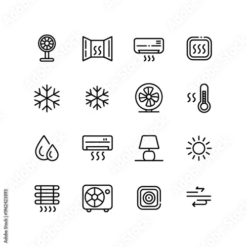 Assortment of climate control icons with fans, air conditioners, snowflakes, thermometers, and sun.