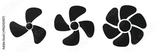 Three stylized black fan propellers of varying sizes and blade counts for air movement.