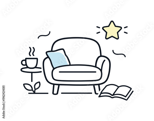 Pleasant personal relaxation and enjoying gentle restorative moments during everyday leisure time at home, a minimal soft armchair combined with a small star icon symbolizing