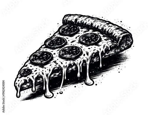 A realistic slice of pepperoni pizza with melted cheese stretch shown in dynamic three-quarter perspective, enlarged to fill most of the frame and isolated on a