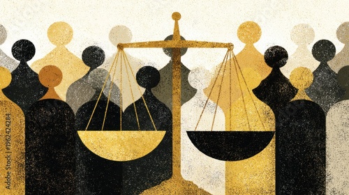 Scales of justice with diverse crowd representing law and equality