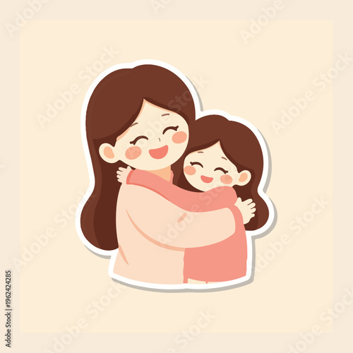 Happy Mothers Day cute mother and daughter hugging, flat vector illustration design 