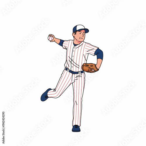 Illustration of a baseball player throwing a ball with a dynamic pose and vibrant colors against a clean white background.
