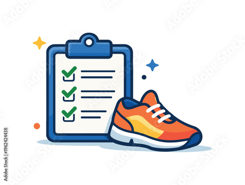 Healthy lifestyle and fitness planning concept emphasizing preparation and commitment to regular workouts and active routines, a checklist icon combined with a small sports shoe