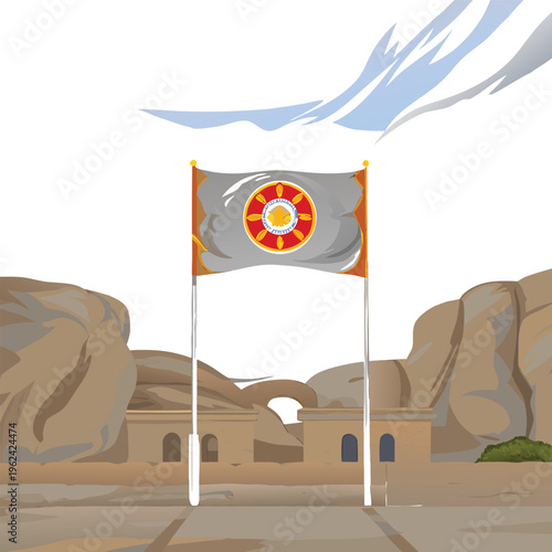 bhutan flag gate scene with mountains vector illustration