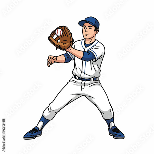 Illustration of a baseball player in a white uniform with blue accents, wearing a glove and catching a ball on a plain white background.