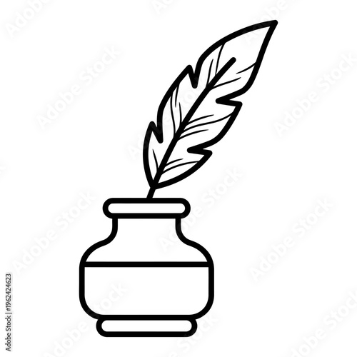 Minimalist Ink Well and Quill Feather Pen Vector Icon Illustration