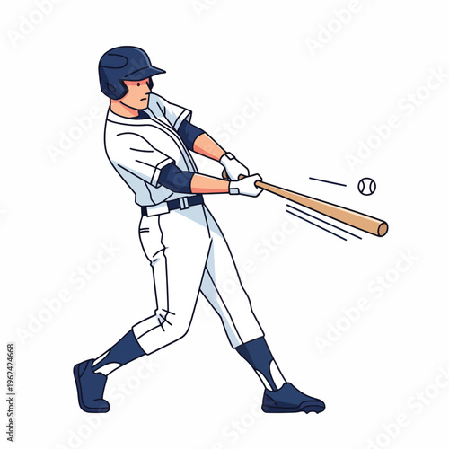 An illustration of a baseball player swinging a bat at an incoming ball with motion lines on a white background.
