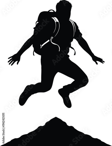 Silhouette of a person jumping off a mountain with a backpack
