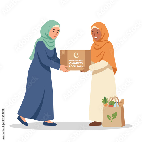 Muslim women donating charity box and groceries.