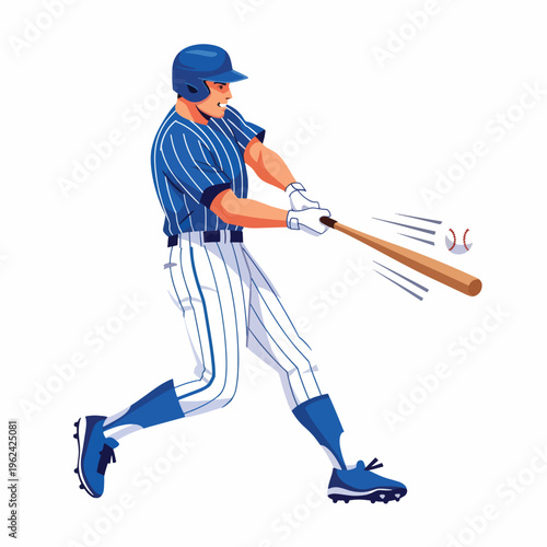 Illustration of a baseball player swinging a bat with motion lines, wearing a blue and white uniform with a blue helmet, against a clean white background.