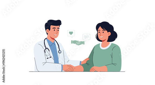 Doctor and Patient Shaking Hands Symbolizing Trust, Empathy, and Medical Support. Healthcare Communication and Compassionate Care Illustration.