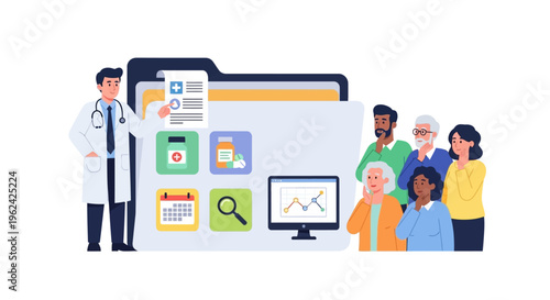 Doctor Explaining Digital Health Records to Diverse Patient Group | Medical Data Management & Care