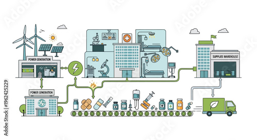 Sustainable Healthcare Ecosystem Infographic: Renewable Energy, Medical Supply Chain, Hospital Services, and Green Logistics