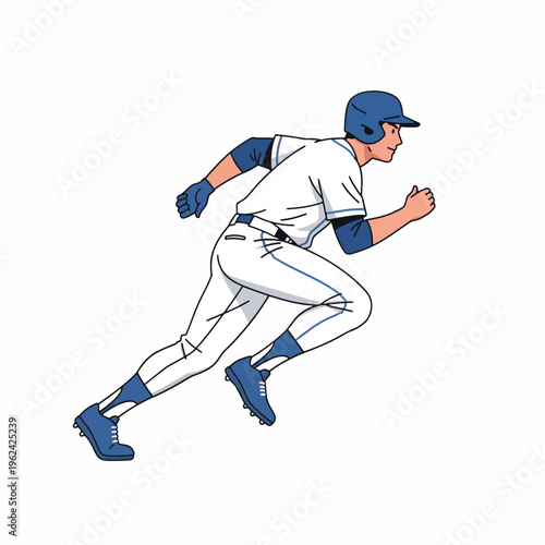 A baseball player in a white uniform with blue accents is running with a dynamic stride against a clean white background.