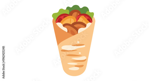 A cartoon image of a wrapped savory food item. The filling is composed of vegetables and brown protein, wrapped in a beige bread casing