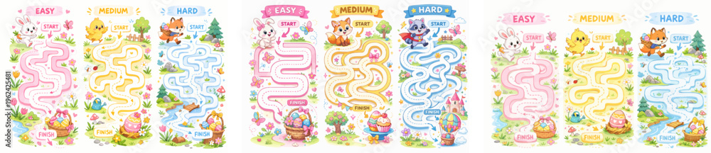 Fototapeta premium Easter Maze Game for Kids – Spring Bunny Printable Activity Worksheet, big vector set 