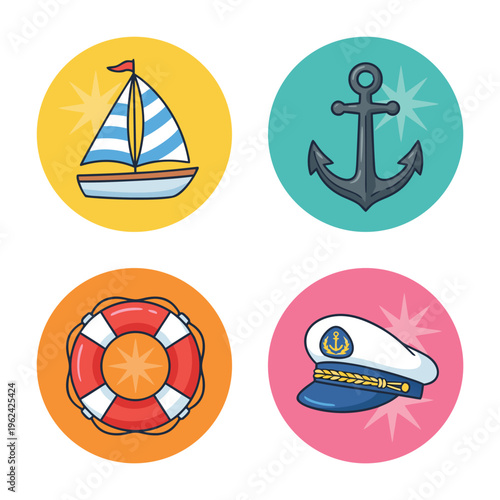 Nautical Icons Set - Sailboat, Anchor, Lifebuoy, Captain Hat.