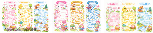 Easter Maze Game for Kids – Spring Bunny Printable Activity Worksheet, big vector set

