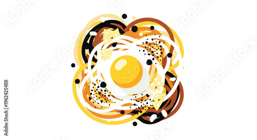 An abstract, brightly colored illustration featuring an egg yolk at the center, surrounded by layered, swirly shapes in warm hues. Scattered dots enhance