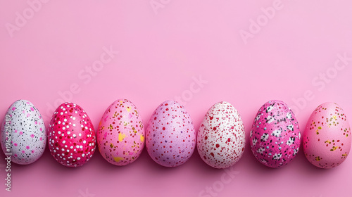 A row of brightly colored Easter eggs decorated with various patterns and glitter sits against a soft pink background, creating a festive holiday arrangement.