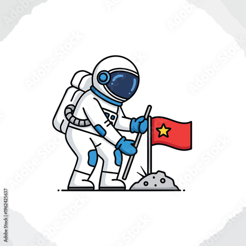 An astronaut plants a flag on the lunar surface, a stylized illustration, wearing a spacesuit with a helmet and backpack