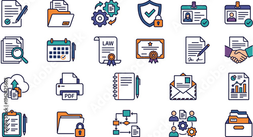 Business Documentation and Workflow Icon Set with Contracts Security Communication File Management and Office Process Symbols for Web Apps UI and Corporate Use