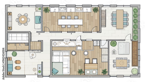 A detailed floor plan of a modern house with various rooms and amenities