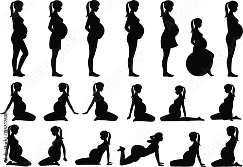 Silhouette collection of pregnant woman in various poses, standing, sitting, stretching, yoga exercise, prenatal fitness, maternity illustration