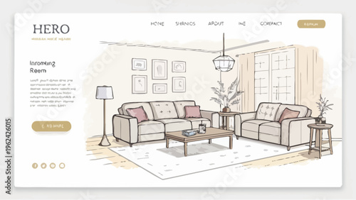 A minimalist vector graphic illustration of a modern living room interior design