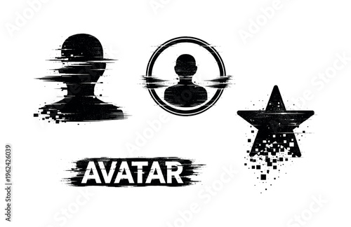 Virtual identity and avatar presence concept  a set of three glitch-distorted monochrome symbols presented as isolated floating elements on a perfectly clean