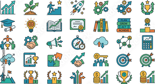 Business Growth and Success Color Icon Set Featuring Strategy, Achievement, Leadership, Finance, Analytics, Startup, and Goal Achievement Symbols for Web and App Design