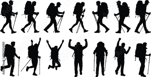 Silhouette collection of hikers with backpacks, walking, jumping, raising arms, outdoor adventure poses, trekking, exploration, mountain activity illustration