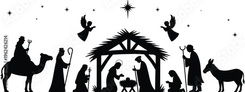 Black silhouette nativity scene illustration, Christmas manger with baby Jesus, Mary, Joseph, wise men, shepherds, angels, animals, star