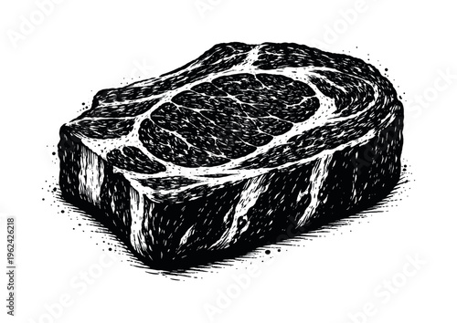 A thick ribeye steak shown in three-quarter perspective, enlarged to dominate the frame and isolated on a perfectly clean white background, its organic shape