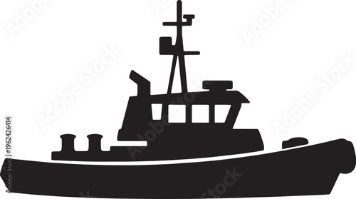Fishing boat, tugboat, silhouette icon, black vector graphic, nautical symbol