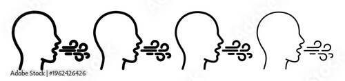 Breathing outline pictogram, airflow symbol near face profile with different line thicknesses. Respiratory concept including cough, sigh or air quality indication. Medical and wellness icon.