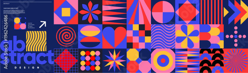 Abstract art design. Bold geometric vector illustrations of shapes, pattern, modern square composition, trendy objects for seamless background, poster, banner or magazine cover.