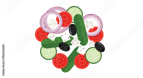 A vibrant, overhead illustration showcasing an assortment of colorful vegetable slices and small cheese blocks, arranged in a circular design