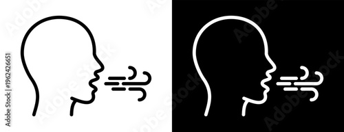 Respiratory outline pictogram with human head and air flow symbol. Breathing concept showing exhaling, inhaling or coughing sign. Health, pollution and medical awareness icon.