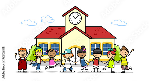 Kinder Gottesdienst in Kirche mit Gruppe Freunden vor Kirchturm