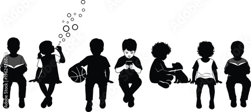 Black and white silhouettes of diverse children engaged in various activities including reading books, blowing bubbles, playing basketball, using smartphone, and petting a dog