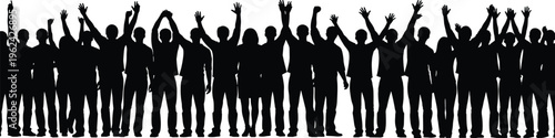 Black silhouettes of people with raised hands crowd group