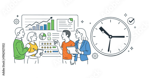A remote productivity tracking and performance monitoring scene showing managers and employees reviewing work output together around a large dashboard and a simple clock icon