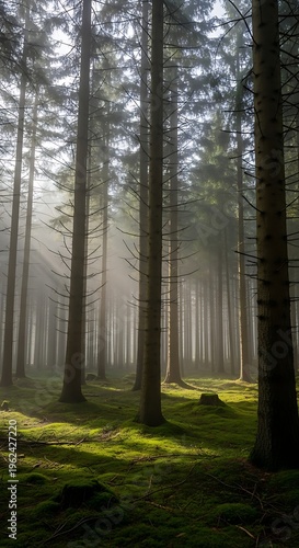 Misty forest morning sunbeams illuminating lush green mossy ground and tall pine trees in a serene woodland landscape