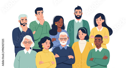 Diverse Group of People from Different Ages & Backgrounds. Community, Collaboration & Thoughtful Individuals. Vector Art.